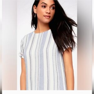 Ardell Blue and White Striped Embroidered Shift Dress